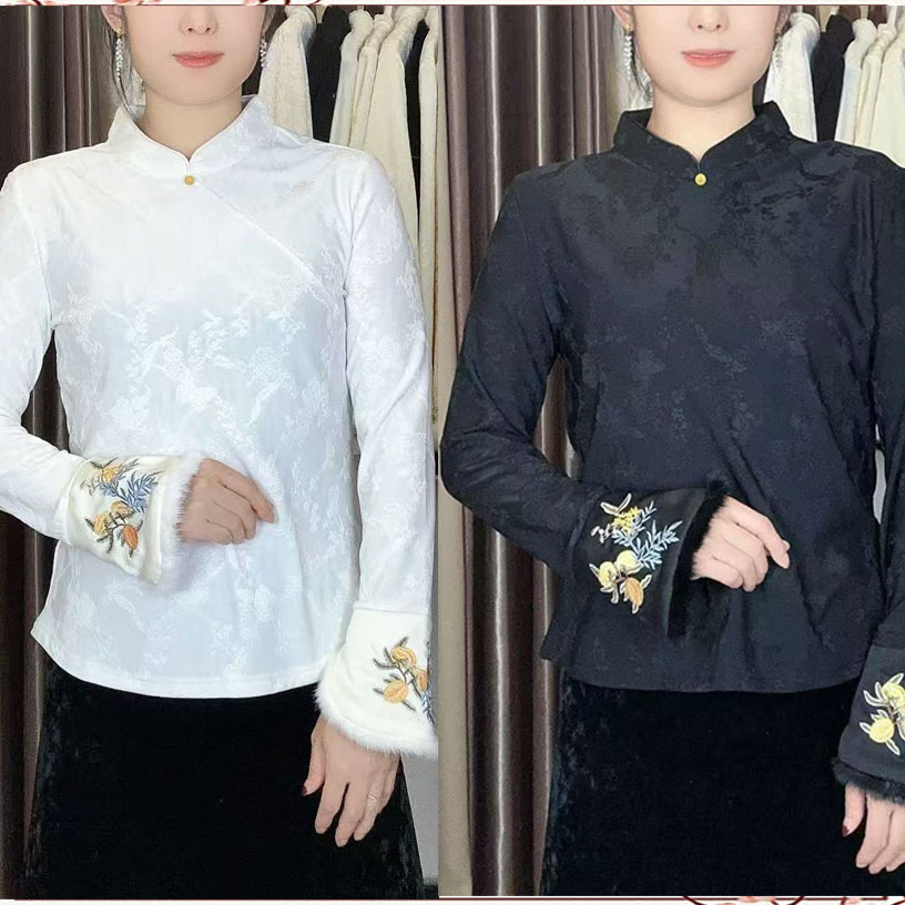 新中式刺绣加绒打底衫女内搭秋冬新款国风长袖衬衣时尚上衣女
