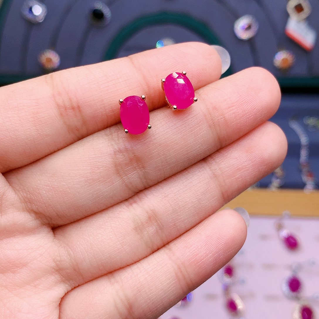 红宝石耳饰银S925镶嵌