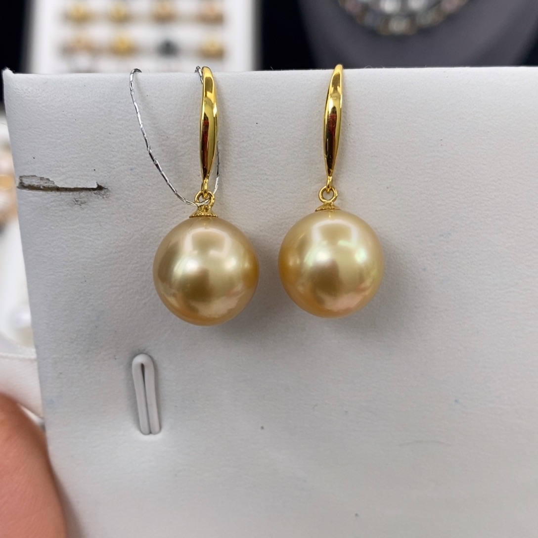 18K金镶嵌海水珍珠耳饰金珠11-12m m