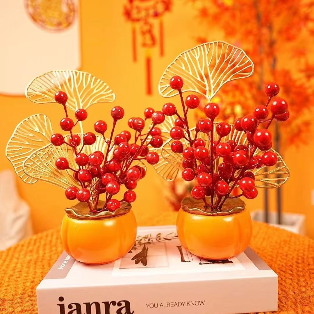 【买一送一】小柿子盆摆件新春室内玄关桌面摆盆仿真绿植插花摆件