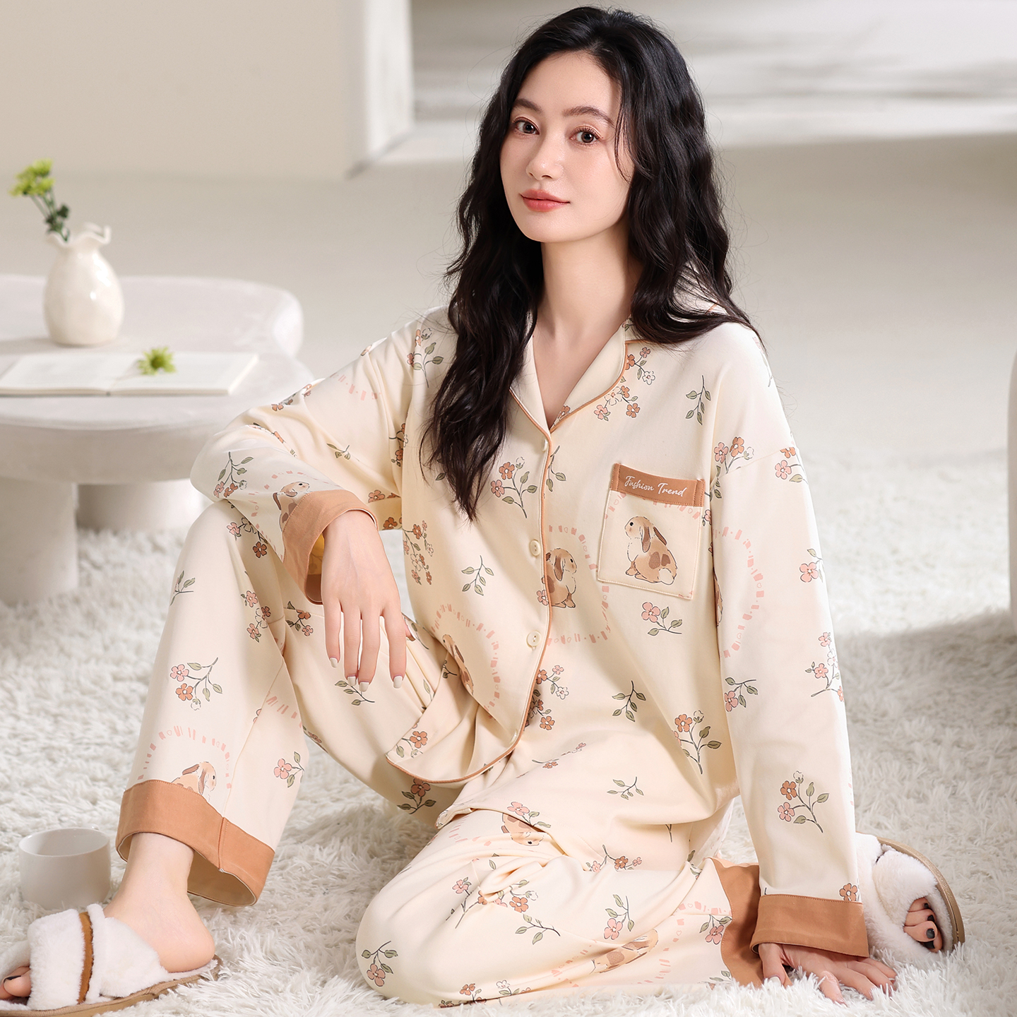 新款莉莉家女士兔子花园纯棉开衫长袖长裤睡衣家居服套装可外穿
