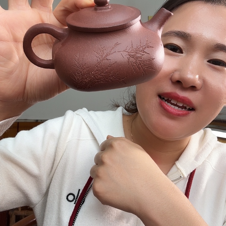 紫砂茶壶紫泥刻绘方器209cc