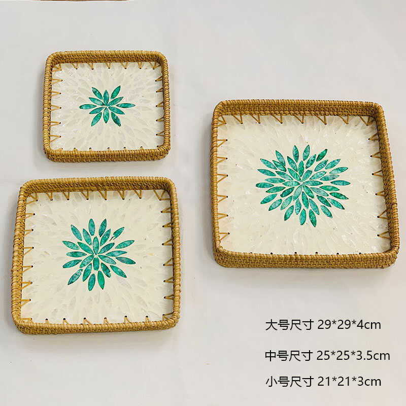 【限量福利】东南亚手工藤编彩贝果盘客厅零食收纳盘茶壶托盘套装