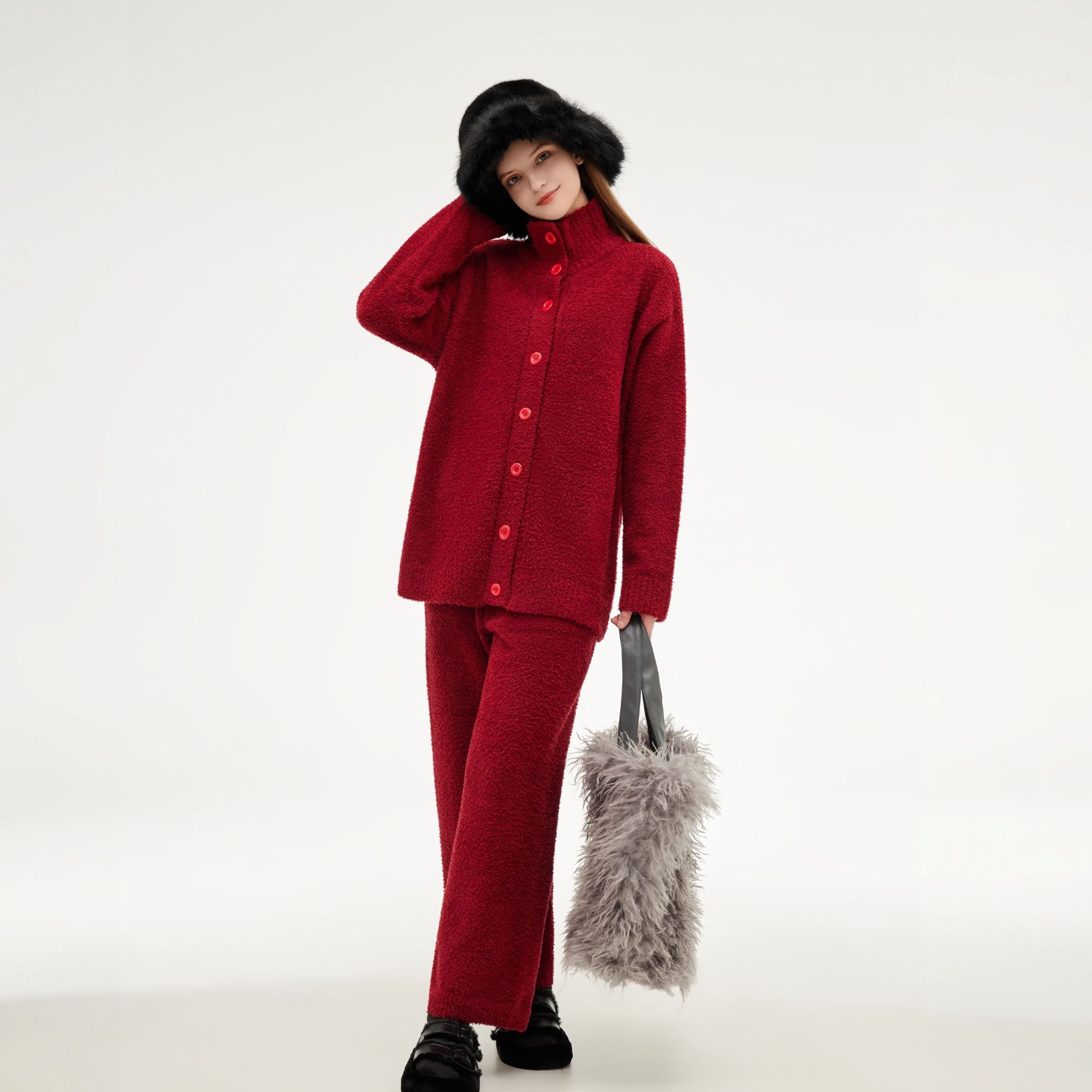 半边绒保暖冬季立领纯色常规款长袖睡衣套装可外穿家居服加厚气质