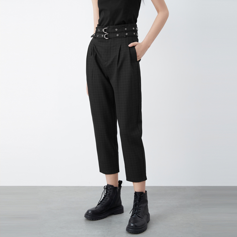 圣迪奥腰精裤女装高腰格纹九分裤通勤时尚休闲裤S20480832