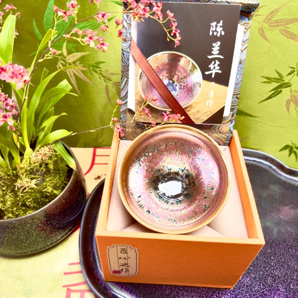 建阳建盏茶杯名家陈兰华高端紫金油滴玉兰杯主人杯建盏茶盏礼盒装