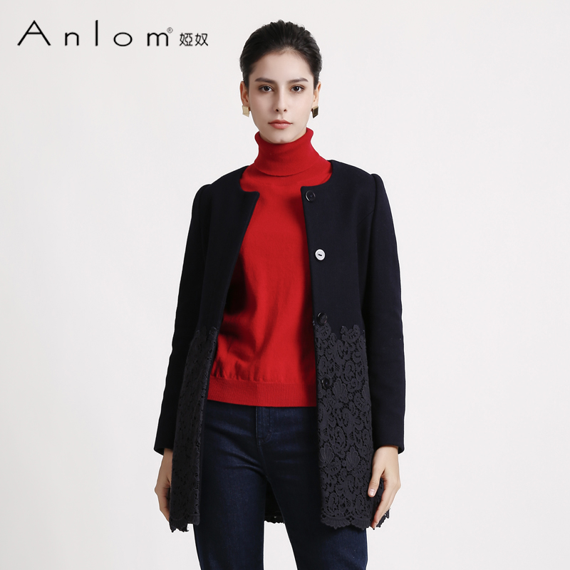 Anlom/娅奴毛呢外套女秋冬装新款复古修身单排扣中长款羊毛大衣女