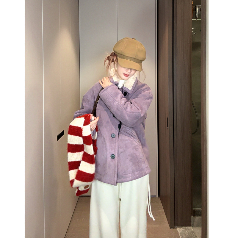 2025秋冬巴恩风宽松麂皮一体韩系夹克外套翻领休闲百搭长袖大衣女