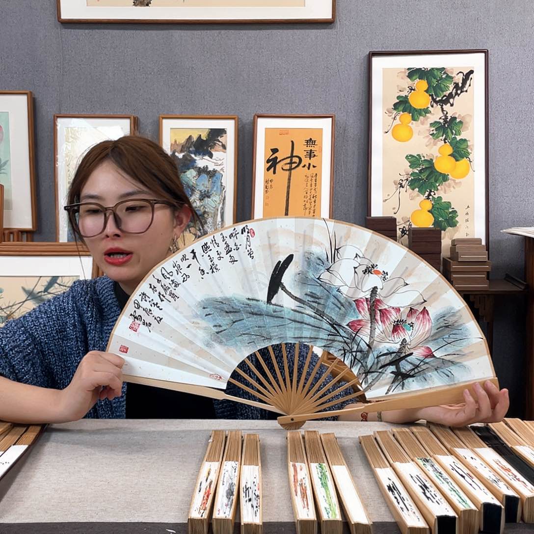 国画10寸玉竹-纯手绘-文玩扇骨（默认粘好）