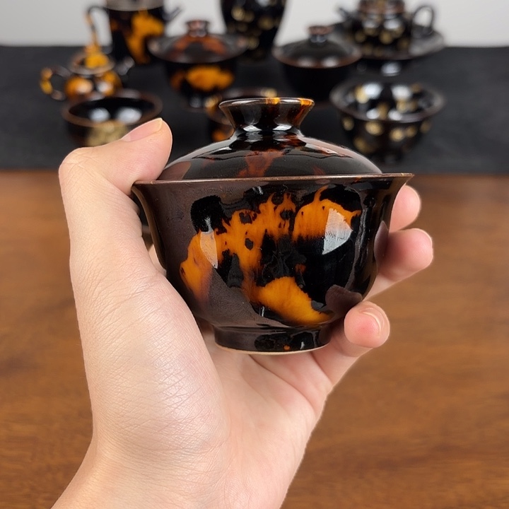 瓷玳瑁釉二才元宝盖碗