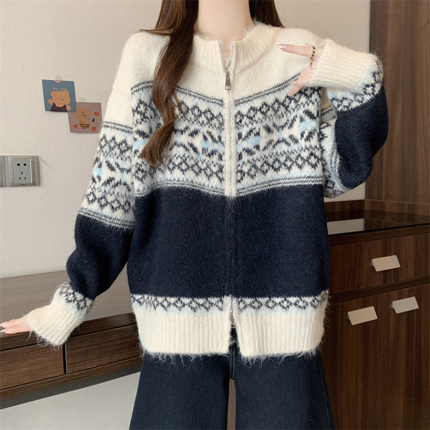 韩系复古慵懒费尔岛雪花软糯针织拉链衫宽松毛衣外套女2