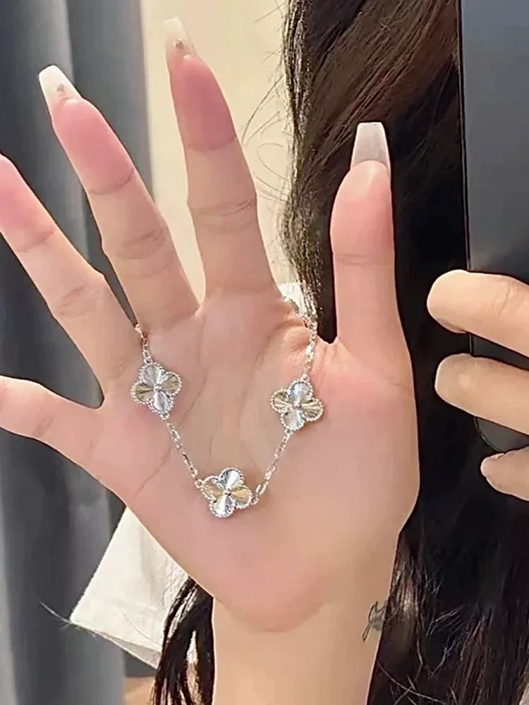 足银珐琅手链 足银五花四叶草手链女轻奢纯银送女友礼品生日礼物