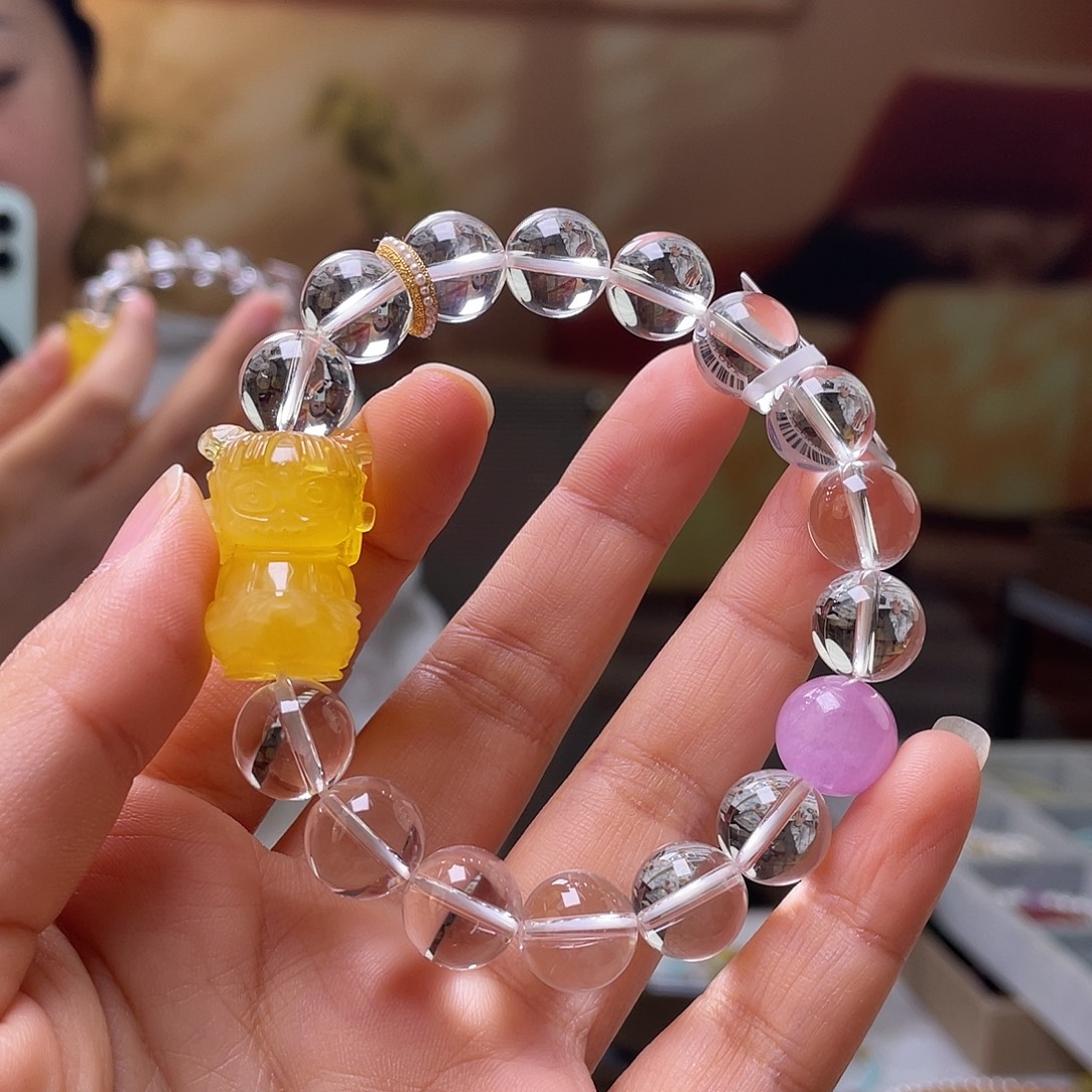 琥珀银S925镀金镶嵌裸石手串