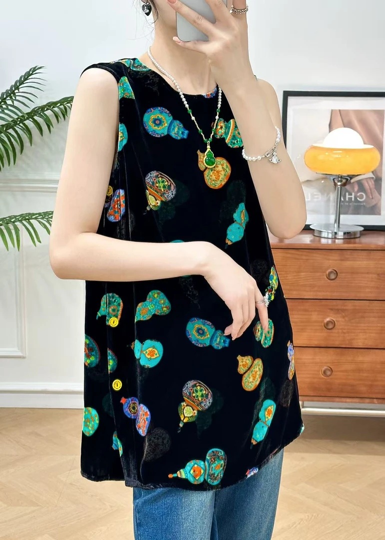 H福禄-新中式国风葫芦印花真丝丝绒侧开叉无袖上衣SS26290