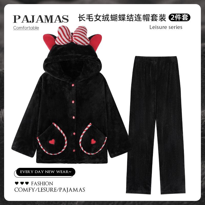 冬季长毛绒睡衣女蝴蝶结连帽珊瑚绒保暖加绒加厚家居服套装可外穿