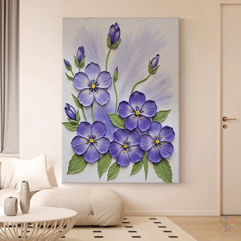 立体紫色花卉纯手绘油画奶油风客厅装饰画石英砂肌理感玄关挂画