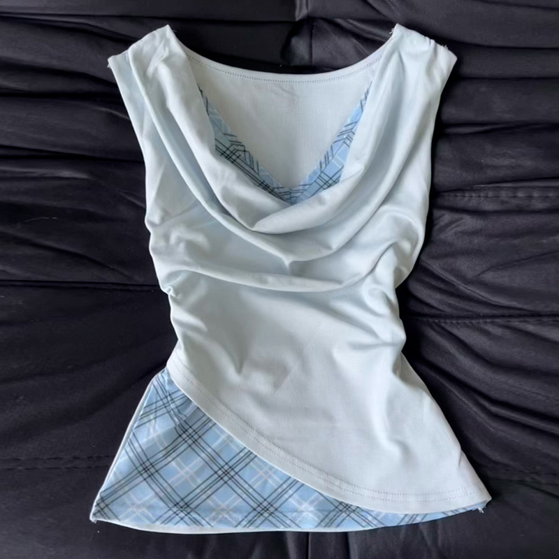 2856白色无袖T恤女2025新款短袖初夏季假两件设计感漂亮掐腰上衣