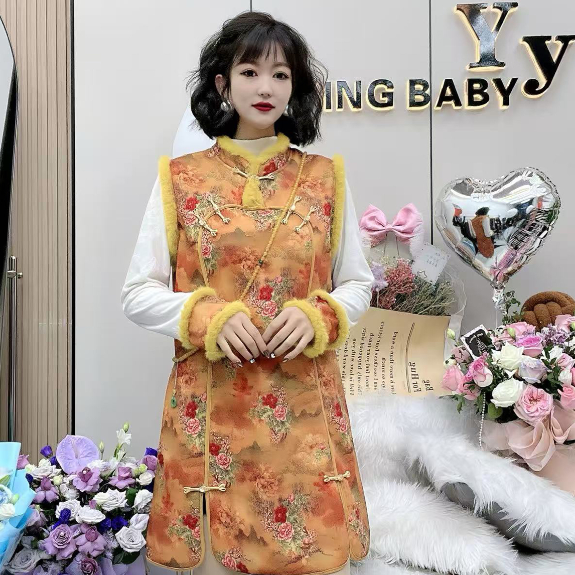 YY大码(事事如意)百搭遮肚国风气质高级感时尚套装加绒印花冬季