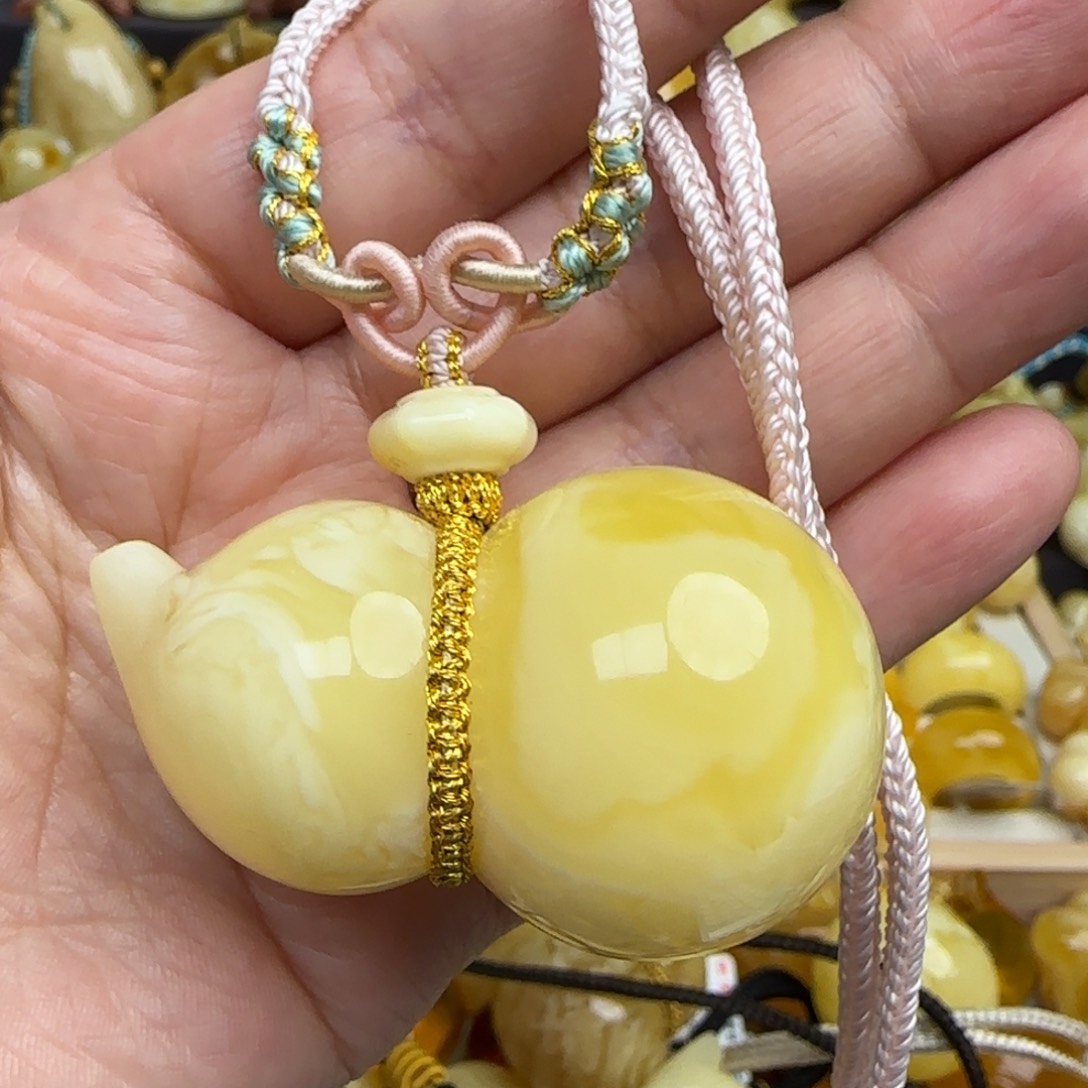 琥珀套链未镶嵌天然白花蜜蜡葫芦吊坠