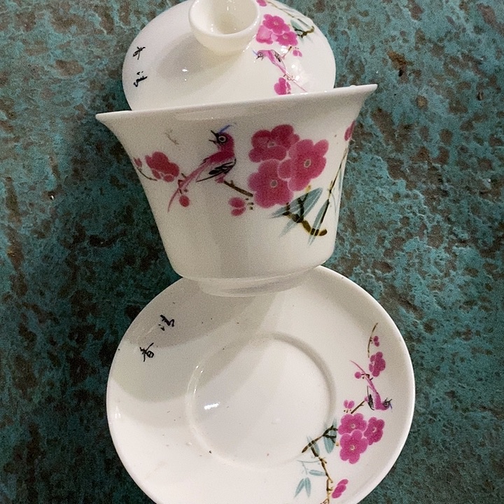 摆件陶瓷白瓷翠竹红梅三才马蹄盖碗