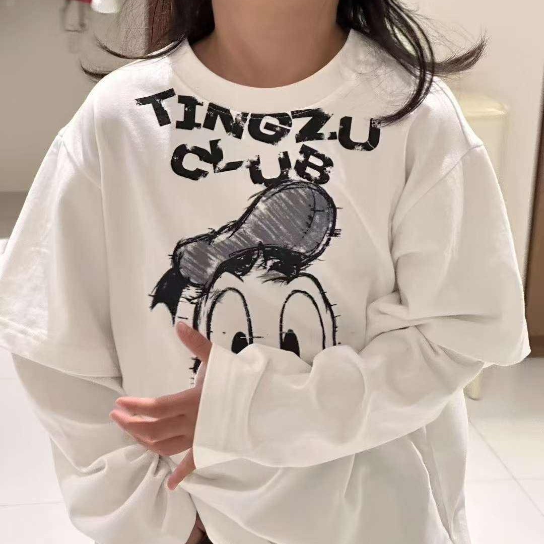 女童T恤儿童假两件长袖春秋装2025新款炸街白色上衣大童穿搭薄款6