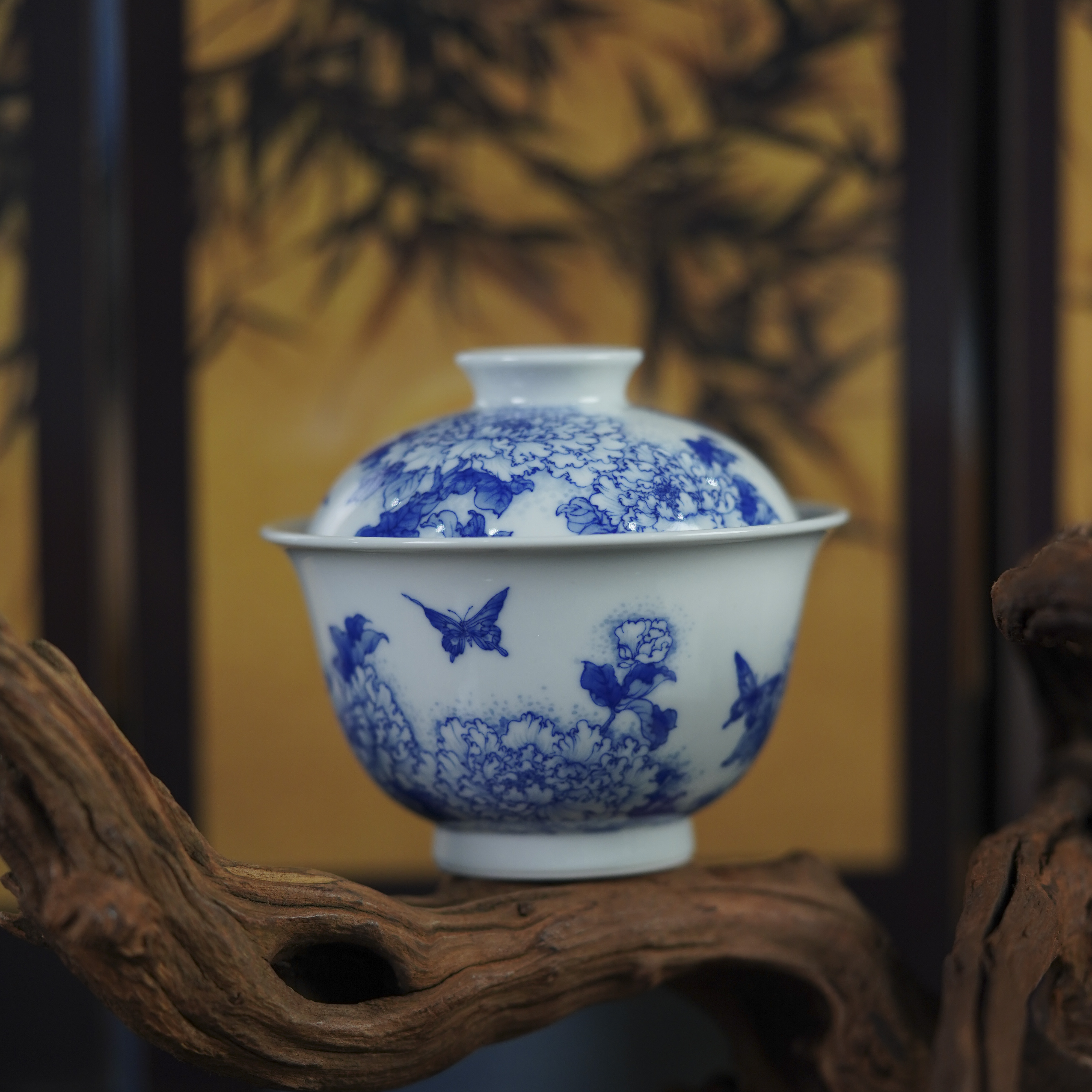 (精选）隐山清玩晓花窑青花牡丹蝶恋花盖碗景德镇陶瓷高端茶具