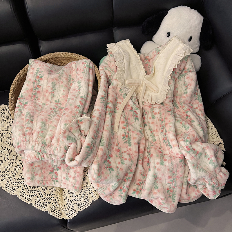 珊瑚绒睡衣女秋冬季加厚保暖设计感家居服甜美两件套装