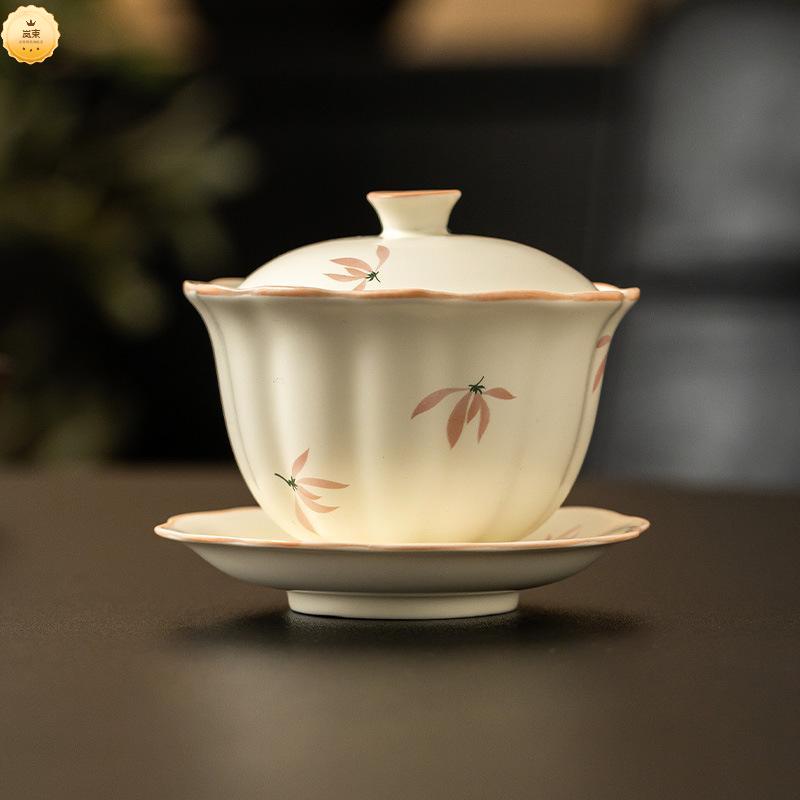 米黄釉兰花中式三才盖碗大容量家用茶碗带盖不烫手功夫茶泡茶茶具