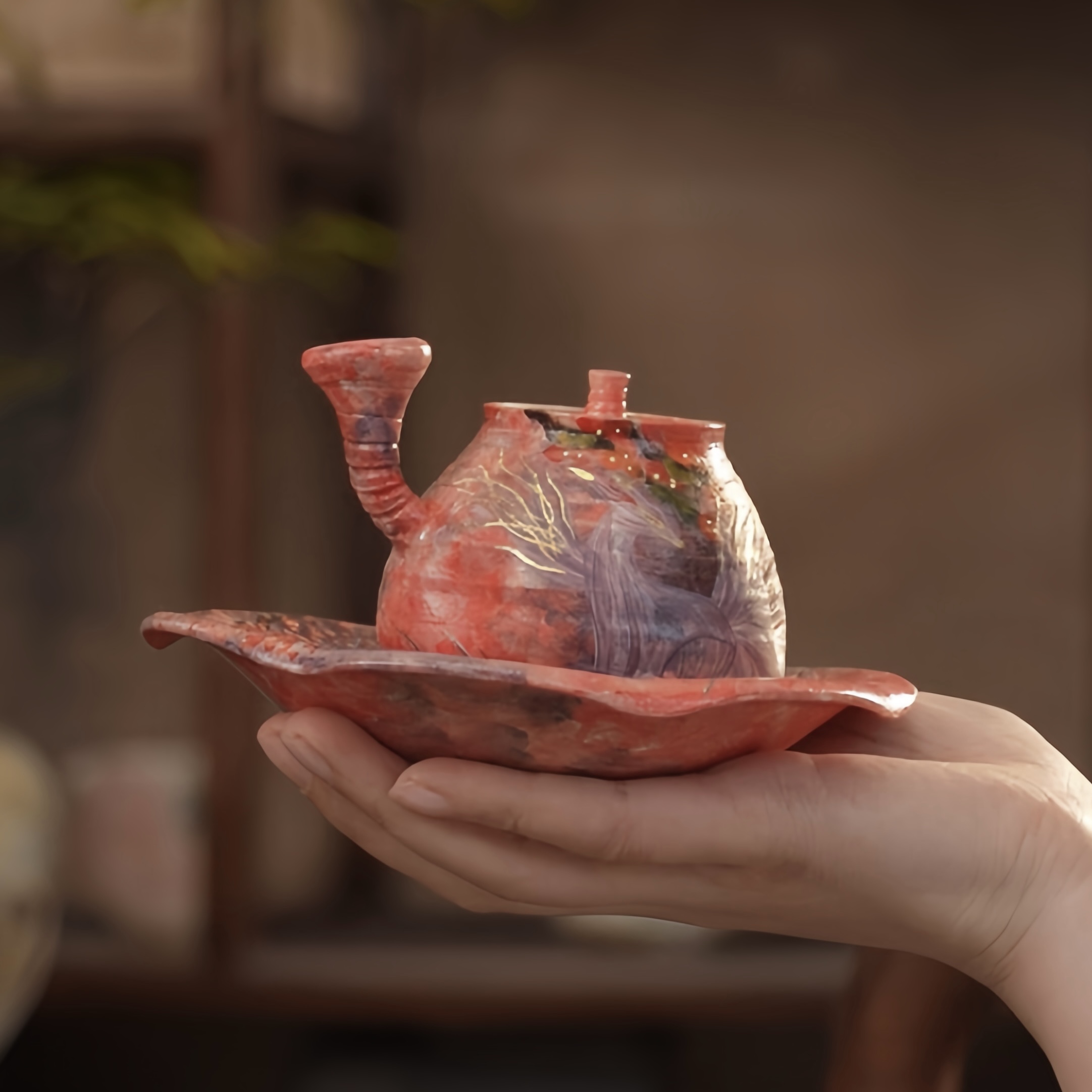 山海经系列 蓝色九尾狐1侧把壶1壶承创意套组