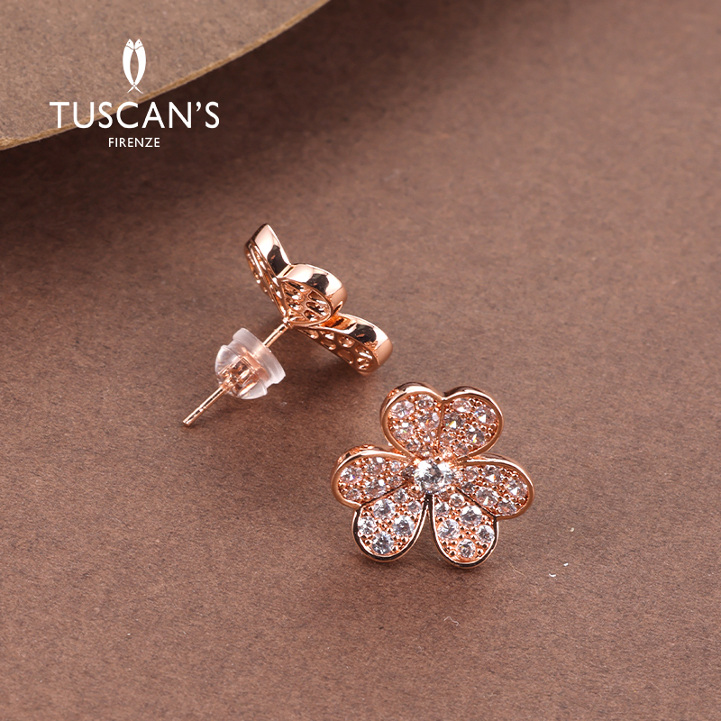 TUSCAN'S 铜合金锆石耳饰 精致玫瑰金花朵小众耳饰镶钻耳坠轻奢