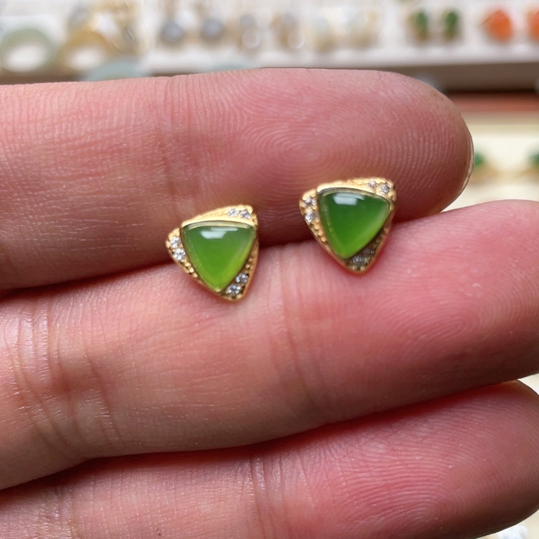 和田玉耳钉银S925镶嵌