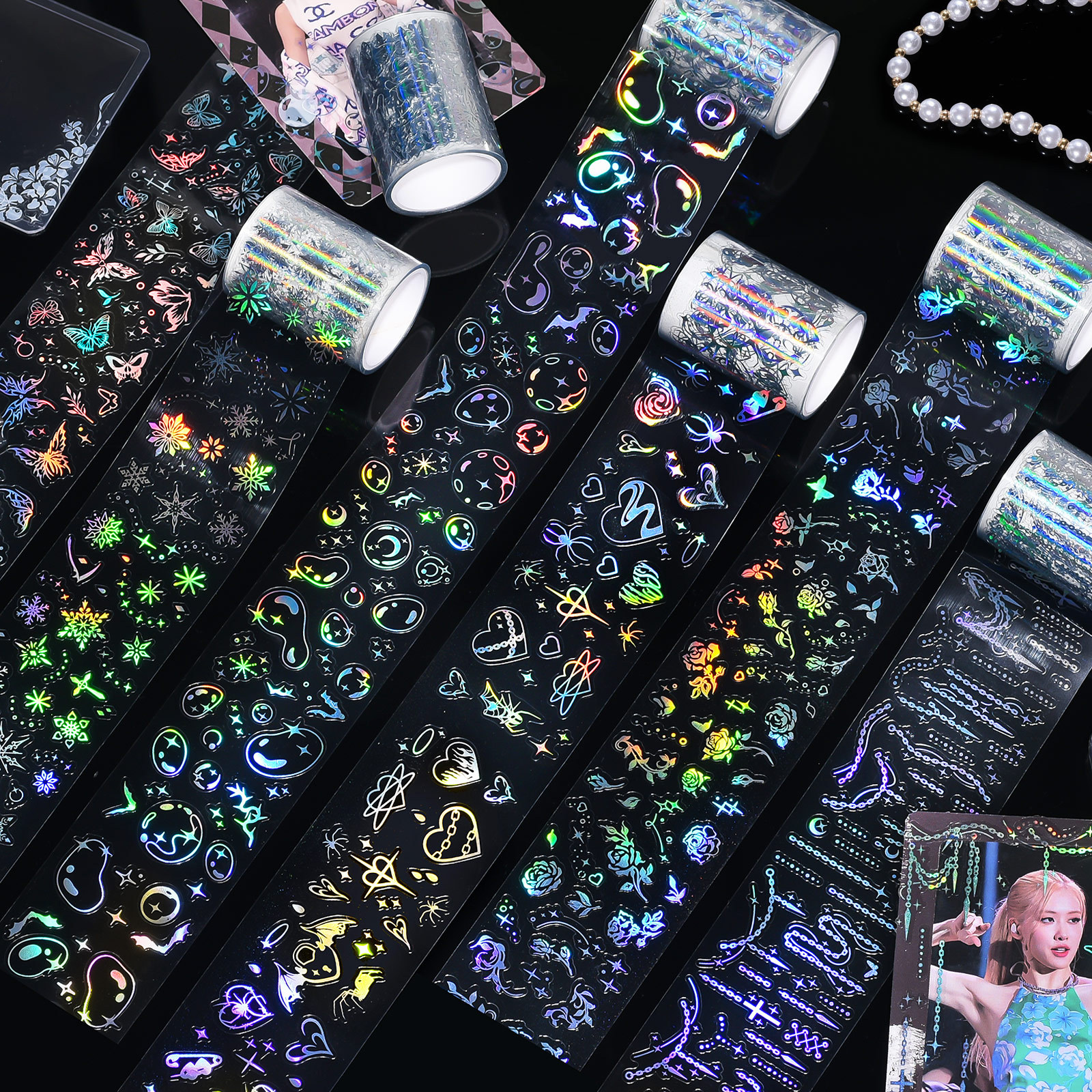 AGUGU双镜系列韩版射烫银白墨模切手帐pet胶带ins流麻素材贴纸