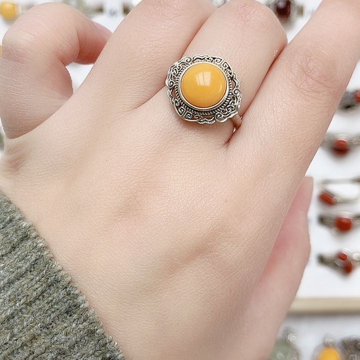 蜜蜡戒指银S925镶嵌天然