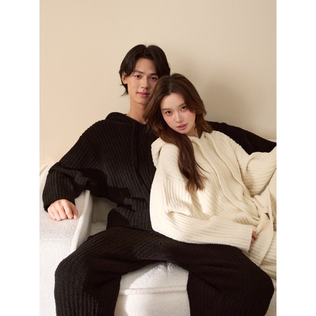 喜家点冬款情侣连帽坑条宽松家居服睡衣套装简约韩系大气男女同款