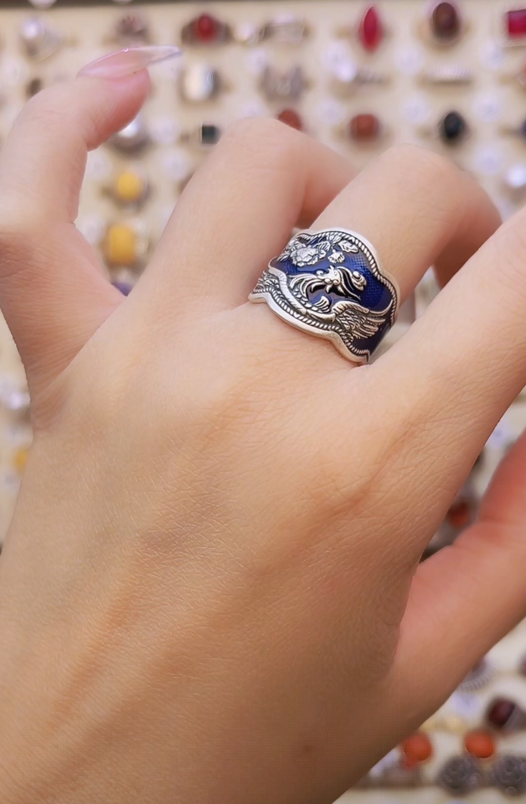 925银珐琅戒指 银镶嵌珐琅彩国风凤凰女王戒百搭可调节高级感