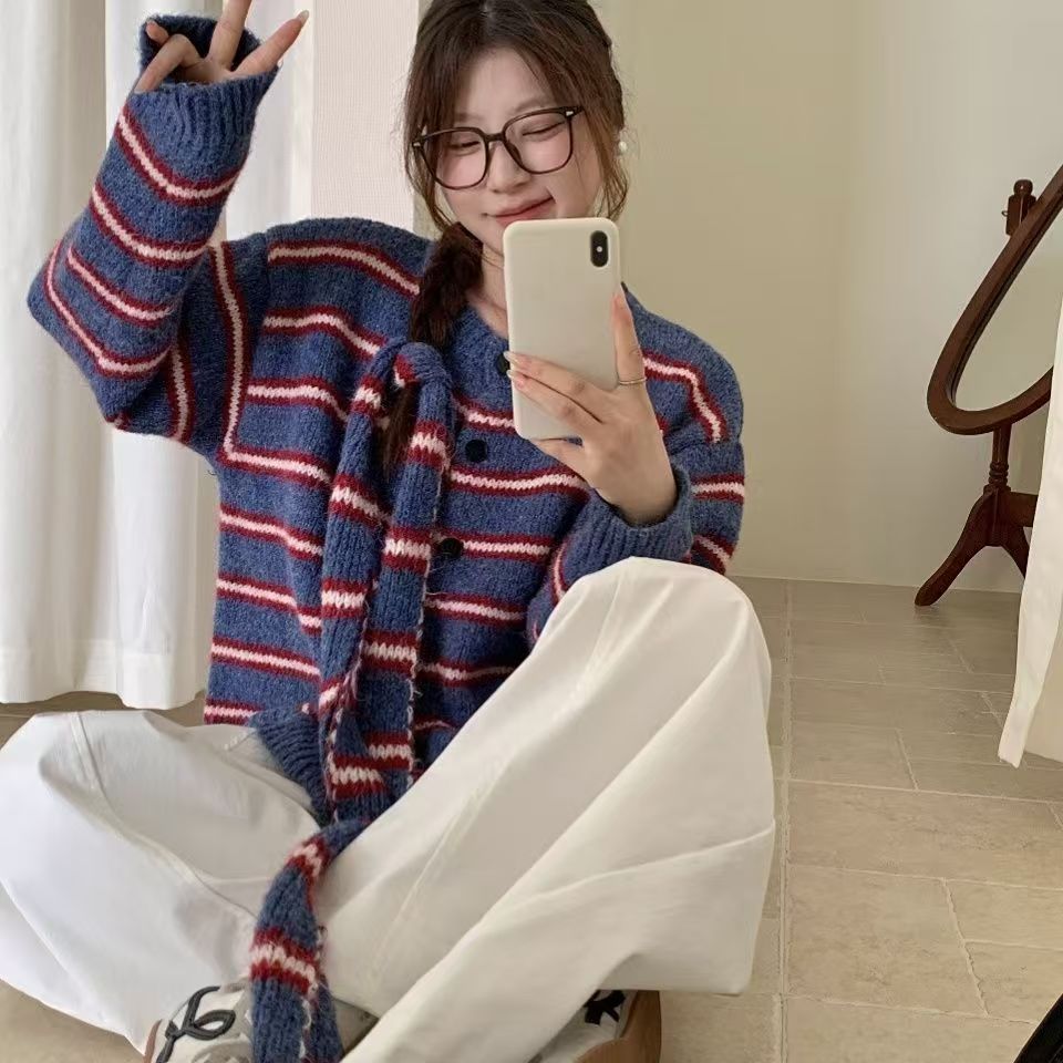 女毛衣早秋风日系搭穿圆领开衫软外套搭外学院糯亲肤针织条纹上衣