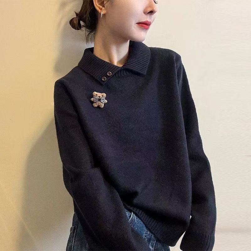 【90-200斤】POLO领卡通设计感针织上衣女秋冬小众洋气毛衣打底衫女