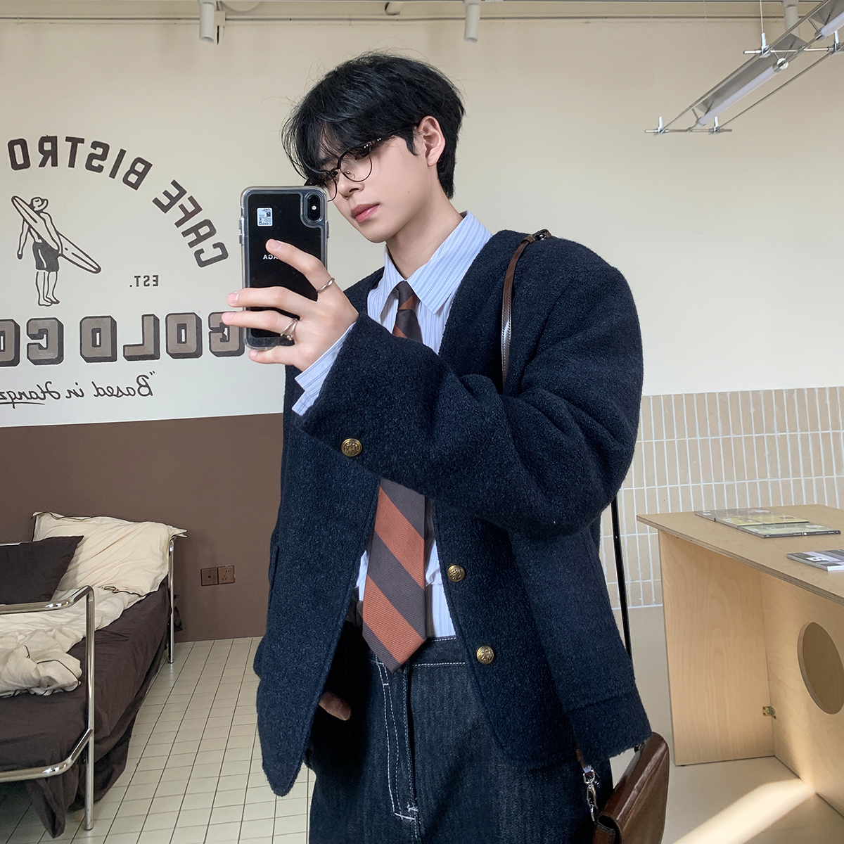 白口阳【英伦画报】英伦金扣小香无领上衣男夹克外套2025年新款J265