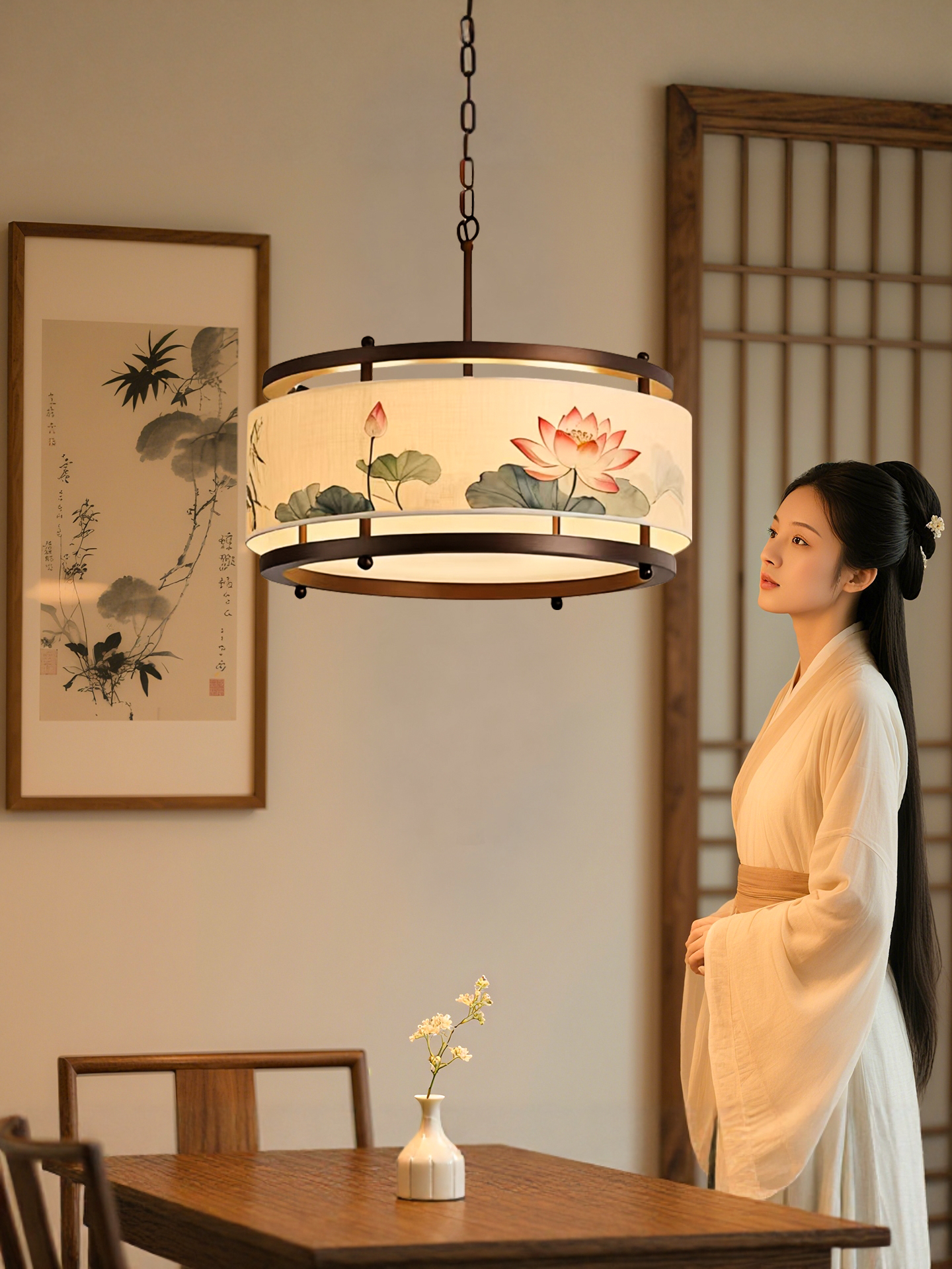 宋氏美学禅意餐厅餐桌吊灯新中式国风圆形布艺绘画茶室书房卧室灯