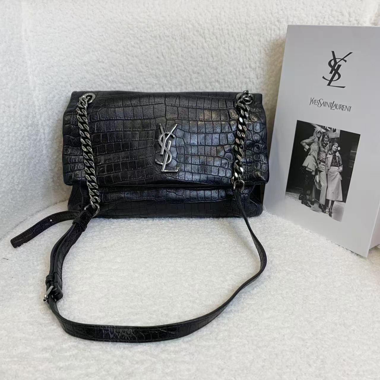 99新 YSL/圣罗兰 壹臻/黑银hollywood 链条包中号 64241313