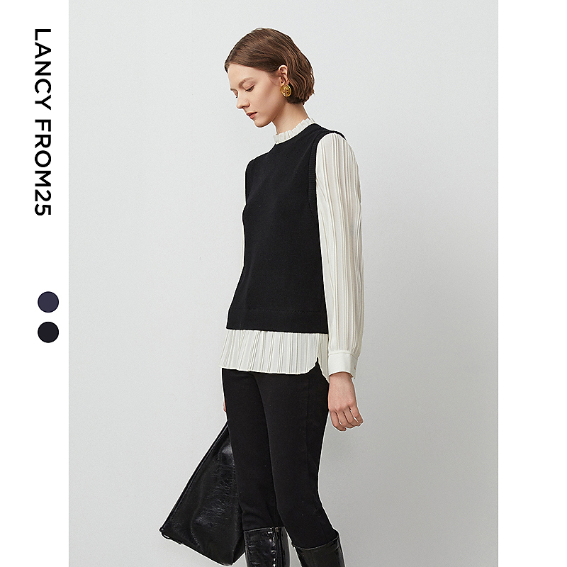 朗姿纯羊毛设计感假两件内搭打底上衣气质修身高级感毛针织衫冬季