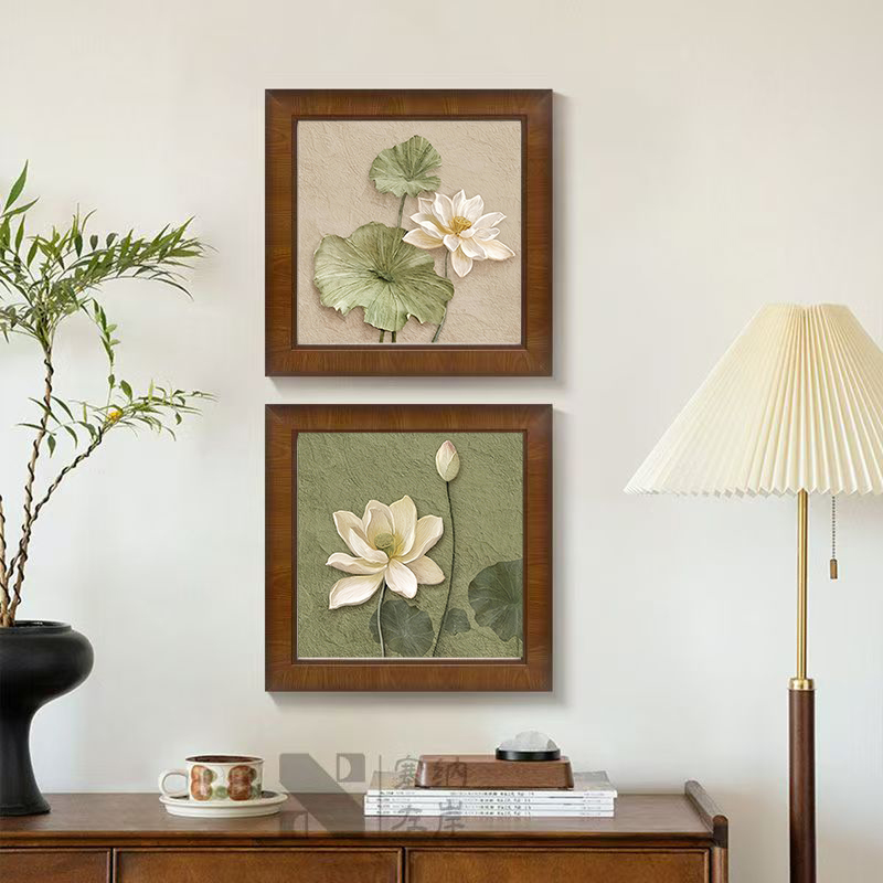 《野荷》复古油画卧室玄关餐厅装饰画艺术壁画ED19-40-40-胡桃木