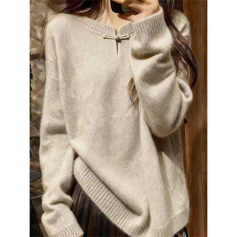 2025简约时尚新中式立领盘扣毛衣女宽松慵懒风针织衫高级感上衣女