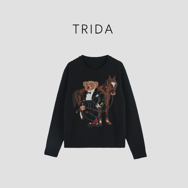 【马年限定】黑色100羊毛英伦风减龄刺绣小熊卡通上衣 256504RD 