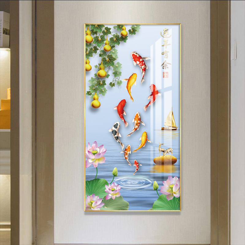 和气生财玄关装饰画轻奢九鱼图入户带灯壁画高档荷花走廊过道挂画