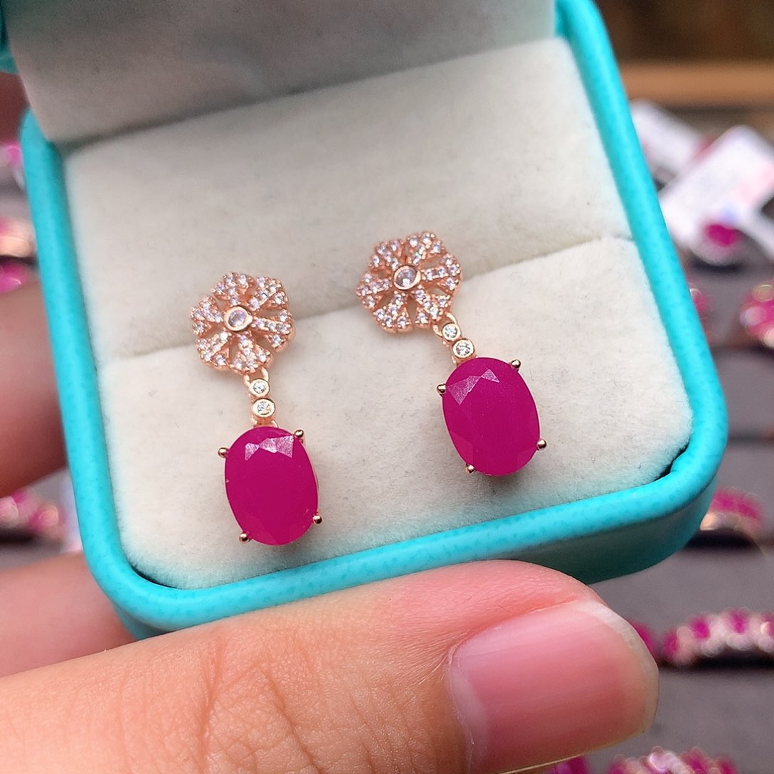 红宝石耳饰银S925镶嵌