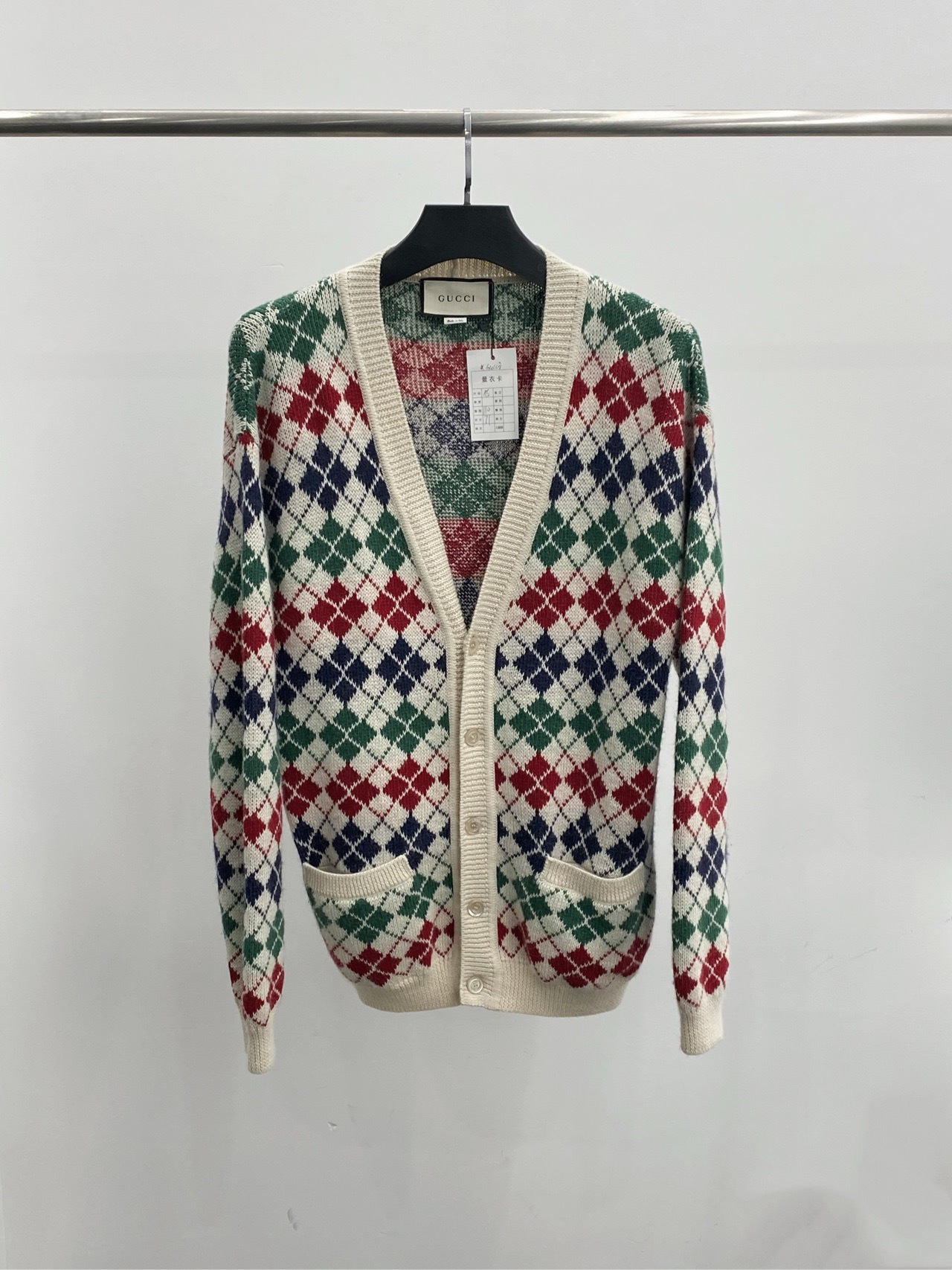99新 GUCCI/古驰 240518 V领菱形格纹针织开衫 XS码  