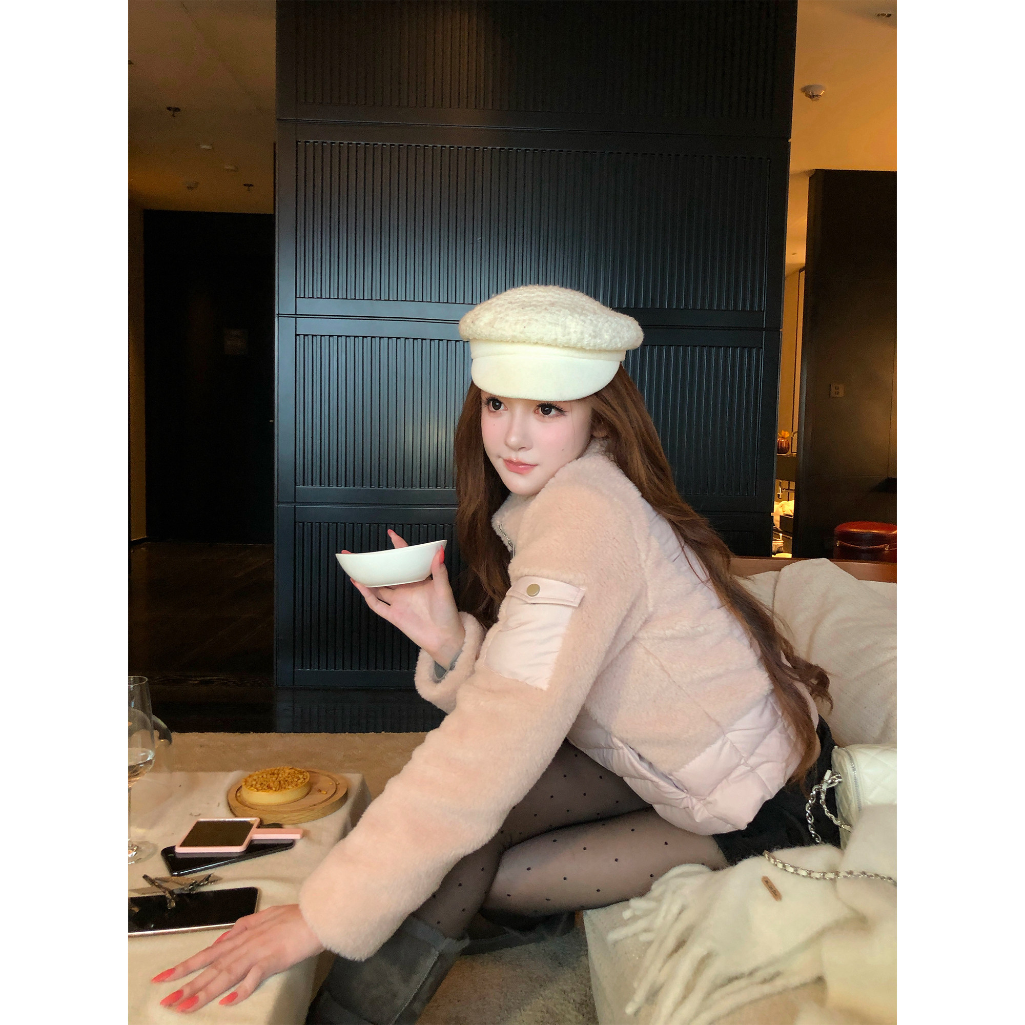 南希FairyNancy 暖绒泡芙 短款排骨女冬季90白鸭绒毛毛拼接外套