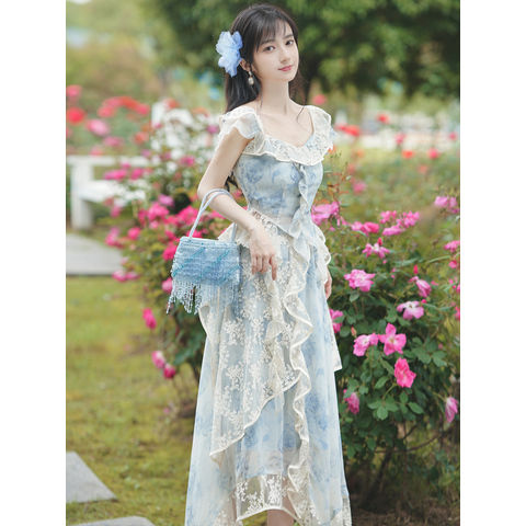 【安然专属】夏季气质连衣裙显瘦收腰天蓝色仙气设计感蕾丝刺绣拼接