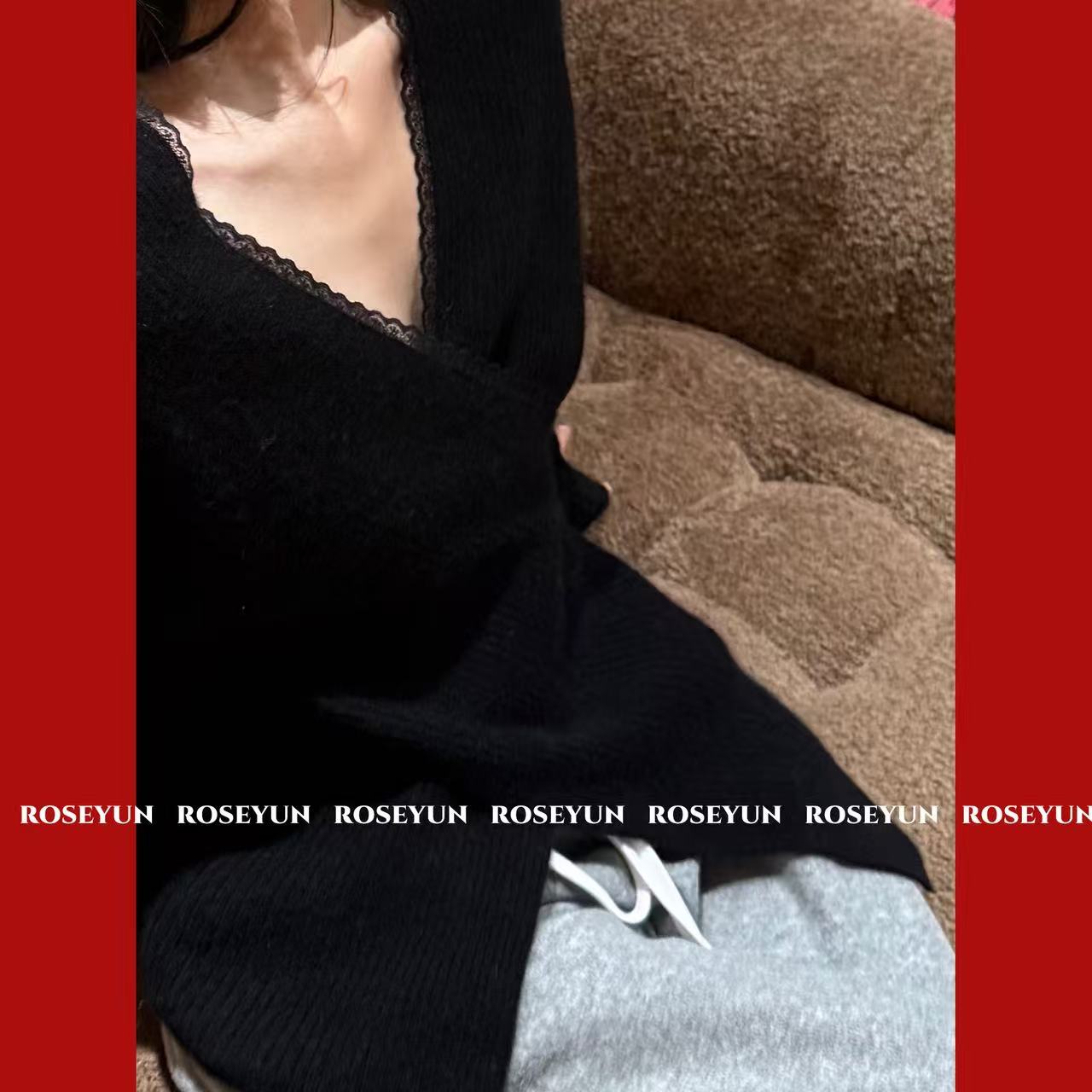【Rose Yun】法式交叉V领花边兔毛绵羊毛针织上衣 JY125228